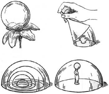Fig. 66. Experimentos con pompas de jab�n: la pompa posada en la flor; una pompa cubriendo un florerito; unas pompas dentro de otras; una estatuilla coronada por una pompa y cubierta por otra.