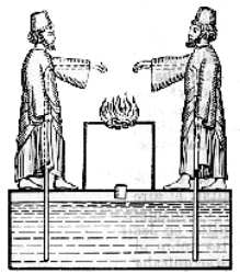 Fig. 76.  Otro antiguo seudomilagro; el aceite se vierte por s� mismo en la llama del altar