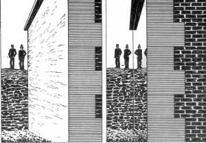 Fig. 118.  La pared gris e irregular del fuerte (a la izquierda) se transformaba de repente en una superficie pulida, que reflejaba las im�genes (a la derecha).