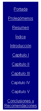 Cuadro de texto: Portada
Proleg�menos
Resumen
�ndice
Introducci�n
Cap�tulo I
Cap�tulo II
Cap�tulo III
Capitulo IV
Cap�tulo V
Conclusiones y 
Recomendaciones
Bibliograf�a










