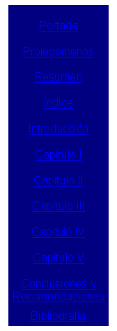 Cuadro de texto: Portada
Proleg�menos
Resumen
�ndice
Introducci�n
Cap�tulo I
Cap�tulo II
Cap�tulo III
Capitulo IV
Cap�tulo V
Conclusiones y 
Recomendaciones
Bibliograf�a










