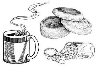 English muffins, coffee, and painkillers