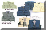 Fishing and camping supply maker offers Fishing vest –6 design. Warmer jumper, insect bite protection overall, caps and special fishing gloves