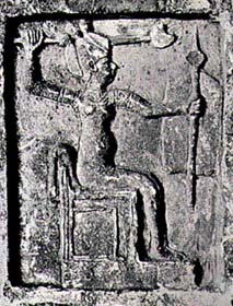 The Goddess Anat, enthroned with shield and mace, on a stone stela from Ugarit