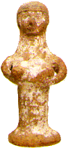 Asherah as one of the teraphim, made of clay, with short curly hair, cupping her breasts with her hands