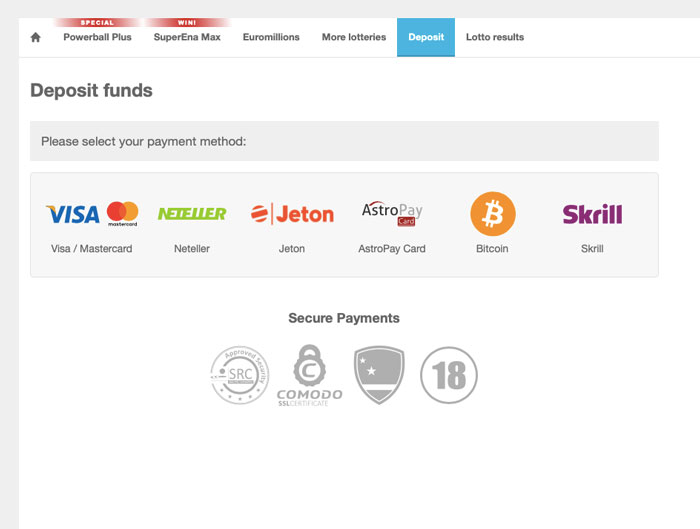 PlayHugeLottos Deposit Options