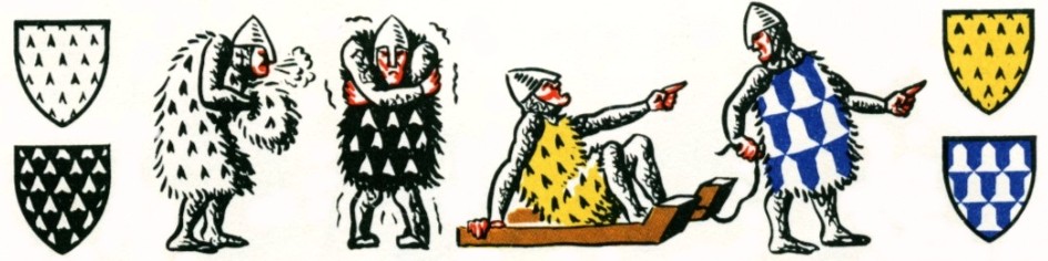 Don Pottinger has a little fun with furs: the Duke of Brittany (an ermine shield), De Rousselet (with ermines), Van der Eze (with erminois) and Zu Pappenheim (vair) play in the snow