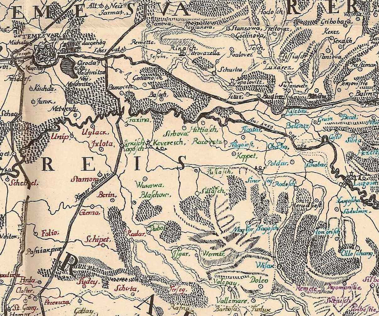 Fragment din harta Banatului insotind lucrarea lui Griselini Istoria Banatului Timisan, ediţia Nicolae Bolocan, Bucuresti, 1926