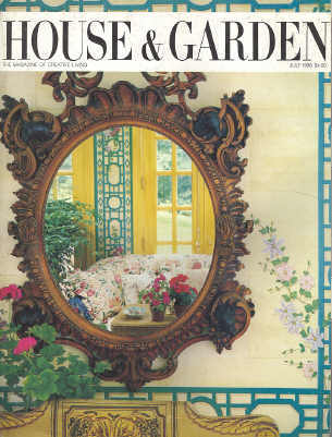 Cover, House & Garden (July 1986 issue) -- image of an English Victorian mirror hanging over a painted American bench, reflecting a sitting area in the country home of designer Oscar de la Renta