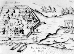 Grabado del siglo XVI: Fuerte de Bs As, a orillas del R�o de la Plata
