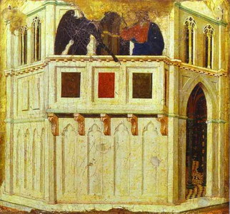 Duccio di Buoninsegna. Maest�: Temptation on a Pinnacle of the Temple. 1308-11