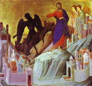 Duccio di Buoninsegna. Maest�.The Temptation of Christ on the Mountain. c. 1308-1311.