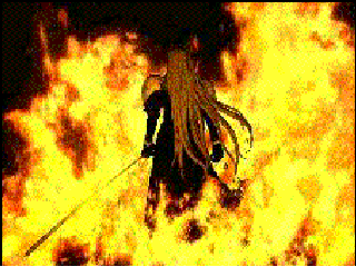 Sephiroth walking through the flames after giving Cloud a verbal beatdown and destroying Nibelheim.