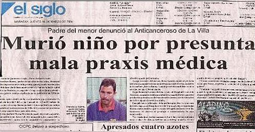 Niño muere por mala praxis medica