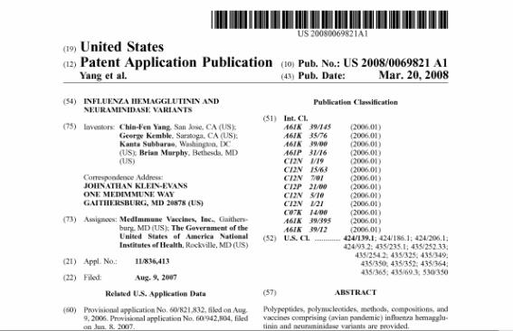 H1N1 Virus Patent, Year 2008 Patente del Virus H1N1 año 2008