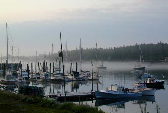 Southwest Harbor Maine, fishing boats on a foggy morning