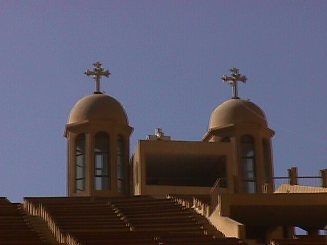 Steeples of Coptic Church, on site where tradition holds that Moses was taken from the Nile.