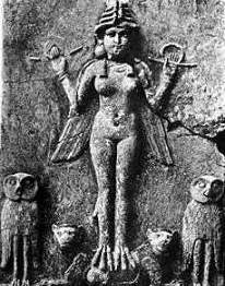 [Lilith, die geflgelte Gttin des Reisens, Urbild der Teufelin im jdischen Alten Testament - mit zwei Eulen als Zeichen, da sie auf ihren Reisen oberste Weisheit erworben hat]