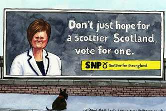 [Terrier Scotty vor einem Wahlplakat der SNP - Karikatur]