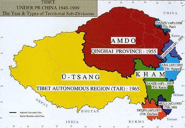 [Tibet - statt '-Tsang' wird heute zunehmend 'Uzang' geschrieben; die ltere Umschrift entspricht der deutschen Aussprache eher. Rechts die Provinz Kham, aus der Han Su-yins Vorfahren vterlicherseits stammten.]