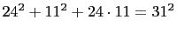 $ 24^2+11^2+24\cdot 11=31^2$