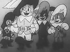 En anka i rollen som d'Artagnan och tre katter i rollerna som Atos, Portos och Aramis. Ur den tecknade trickfilmen &raquo;De tre musket&ouml;rerna&laquo; (Sovjetunionen 1938)