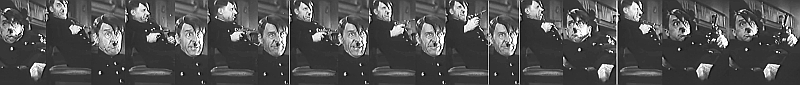 Adolph Hitler (spelad av Sergei Martinsson) i den antifaschistiska filmkomedin &raquo;Sjvejks nya &auml;ventyr&laquo; i regi av Sergei Jutkevitsch (Sovjetunionen 1943).