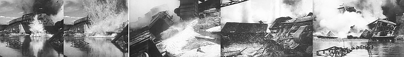 Sovjetiska r&ouml;da partisaner spr&auml;nger j&auml;rnv&auml;gsbro med nazityskt trupptransportt&aring;g i Sergej Gerasimovs film &raquo;Det unga gardet&laquo; (Sovjetunionen 1948) efter Fadejevs socialistiskt-realistiska roman