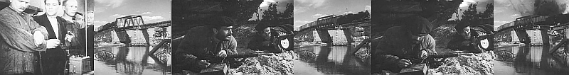 Sovjetiska partisaner spr&auml;nger j&auml;rnv&auml;gsbro med nazityskt trupptransportt&aring;g i Sergej Gerasimovs film »Det unga gardet« (Sovjetunionen 1948) efter Fadejevs socialistiskt-realistiska roman
