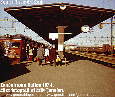 bild av Landskrona järnvägsstation år 1974 med nyss ankommet X9-tåg (manövervagnen främst) på spår 8.