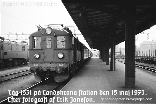 bild av tåg 1531 på Landskrona järnvägsstation den 15 maj 1975.