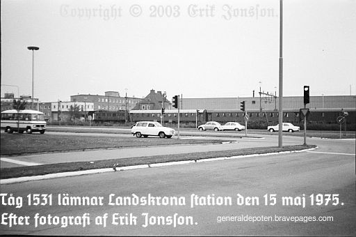 bild av t&aring;g 1531 som l&auml;mnar Landskrona j&auml;rnv&auml;gsstation draget av D-202 den 15 maj 1975 klockan 17:20 mot Malm&ouml; via Billeberga-Teckomatorp-Esl&ouml;v-Lund.