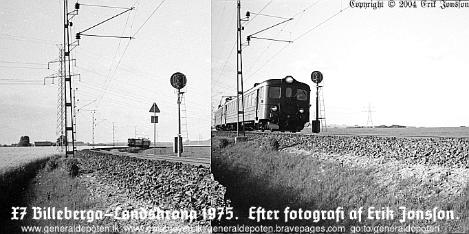 bild av X7-t&aring;g emellan R&aring;ga H&ouml;rstad och &Ouml;rja p&aring; v&auml;g ifr&aring;n Asmundtorp till Landskrona 1975.