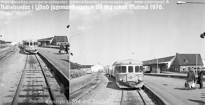 bild av r&auml;lsbussar fr&aring;n Esl&ouml;v och Malm&ouml; som kopplas ihop till t&aring;g emot Malm&ouml; i Ystad 1976