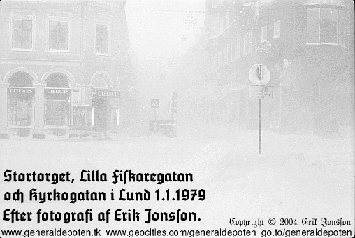bild av Stortorget, Kyrkogatan och Lilla Fiskaregatan i Lund under ny&aring;rsstormen p&aring; ny&aring;rsdagen den 1 januari &aring;r 1979