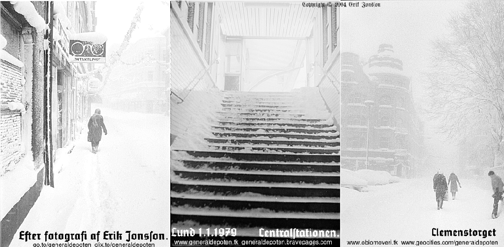bilder av Klostergatan och  Clemenstorget i Lund samt uppg&aring;ng till f&ouml;rsta plattformen p&aring; Lund C under ny&aring;rsstormen p&aring; ny&aring;rsdagen den 1 januari &aring;r 1979