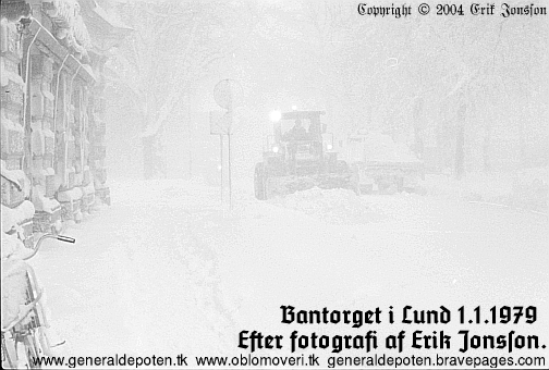 bild av sn&ouml;r&ouml;jning p&aring; Bangatan vid Bantorget i Lund under ny&aring;rsstormen p&aring; ny&aring;rsdagen den 1 januari &aring;r 1979