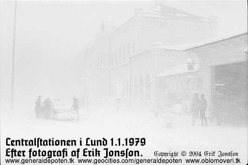 bild av stationsbyggnaden p&aring; Centralstationen i Lund under ny&aring;rsstormen 1979