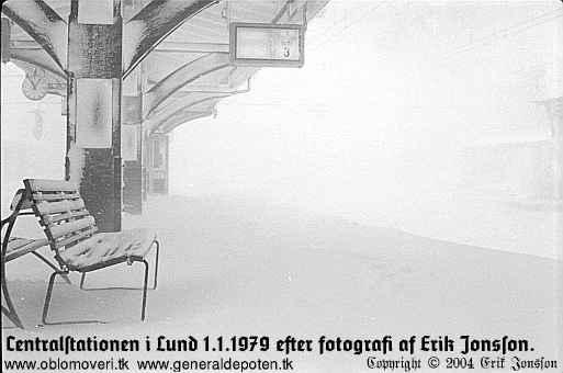bild av perrongen vid sp&aring;r 3 p&aring; Centralstationen i Lund ny&aring;rsdagen 1979