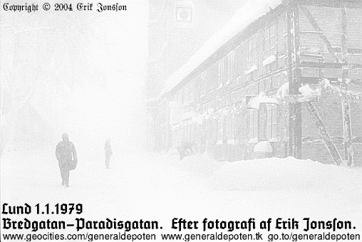 bild h&ouml;rnet Bredgatan-Paradisgatan i Lund under ny&aring;rsstormen p&aring; ny&aring;rsdagen den 1 januari &aring;r 1979