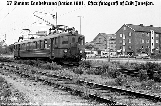bild av X7-t&aring;g som l&auml;mnar Landskrona station 1981.