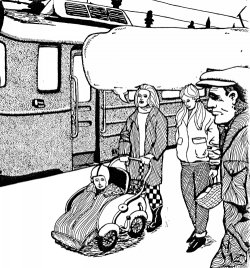 Landskrona j&auml;rnv&auml;gsstation med
				 motorvagn X7 p&aring; 1970-talet.  Teckning Copyright &copy; Erik Jonsson.