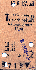 bild av biljett i kartong f&ouml;r resa tur och retur Landskrona-Lund den 18 juni 1967