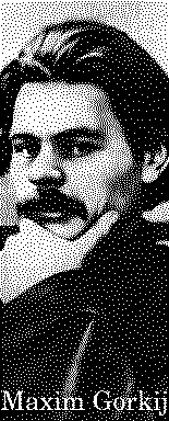 bild av Maxim Gorkij. Om man klickar p&aring; denna svartvita rasterbild, f&aring;r man se en bild med flera gr&aring;toner och fler detaljer.