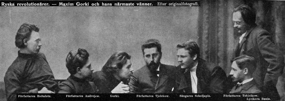 bild av Maxim Gorkij och v&auml;nner troligen omkring 1904-1905 tillsammans med Hsitaletz, Hsitalets, Chsitalets, Andrejev, Andrejew, Tjelekov, Tjelekow, Chelekov, Tschelekow, Scheljapin, Sjeljapin, Shelyapin, Tschirikow, Tsjirikov, Tjirikov, Chirikov, Bunin