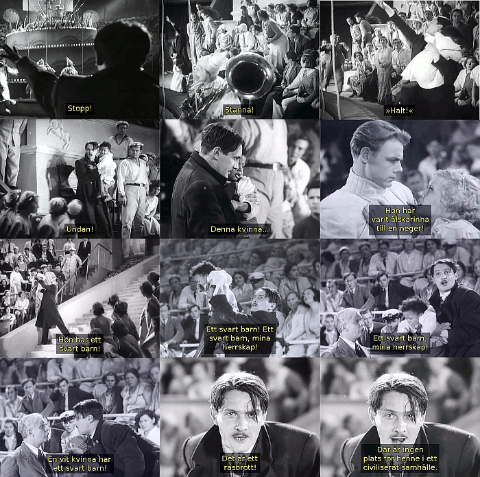 Bilder ur filmen Cirkus (1936), när von Kneischitz anklagar Marion Dixon för rasbrott. Svensk undertext finnes.