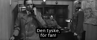 Berlins kommendant Josef Goebbels frågar i telefon om ryssarna redan är på Wilhelmsstraße. Bild ur Ozerovs spelfilm &raquo;Sista stormningen&laquo; (Befrielse 5).