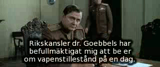 General Krebs: Rikskanslern dr. Goebbels har befullmäktigat mig att be er om vapenstillestånd på en dag. Bild ur Ozerovs spelfilm &raquo;Sista stormningen&laquo; (Befrielse 5).