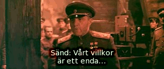 Zjukov: Vårt villkor är ett enda... Bild ur Ozerovs spelfilm &raquo;Sista stormningen&laquo; (Befrielse 5).