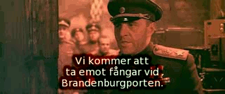 Zjukov: Vi kommer att ta emot fångar vid Brandenburgporten. Bild ur Ozerovs spelfilm &raquo;Sista stormningen&laquo; (Befrielse 5).
